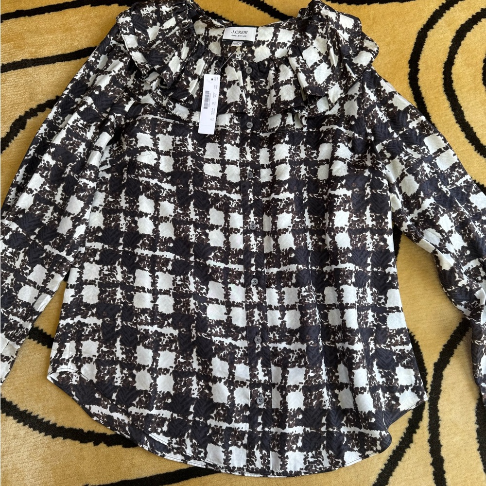 J. Crew Black and White Ruffled Long Sleeve Blouse